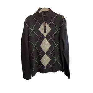 J.Crew, men’s 100% lambswool 1/4 zip Argyle navy blue sweater size medium